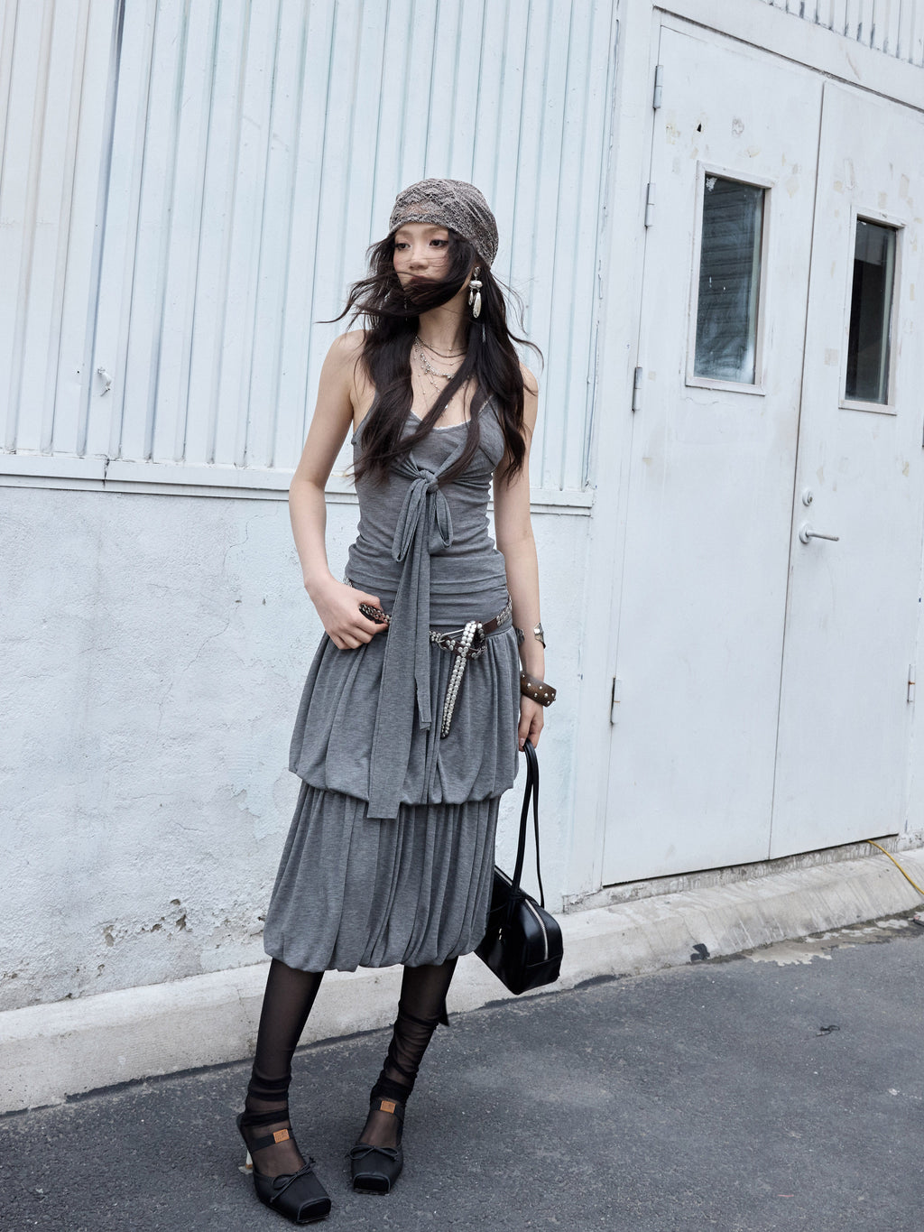 Gray Knit Two Piece Set Tea Length Dress with Sleeves