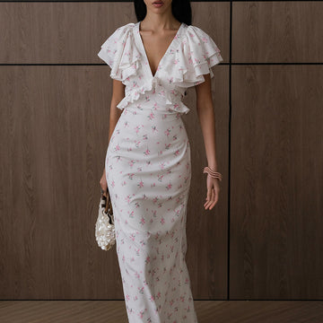 Botanical V-Neck Maxi Dress with Short Sleeves in White