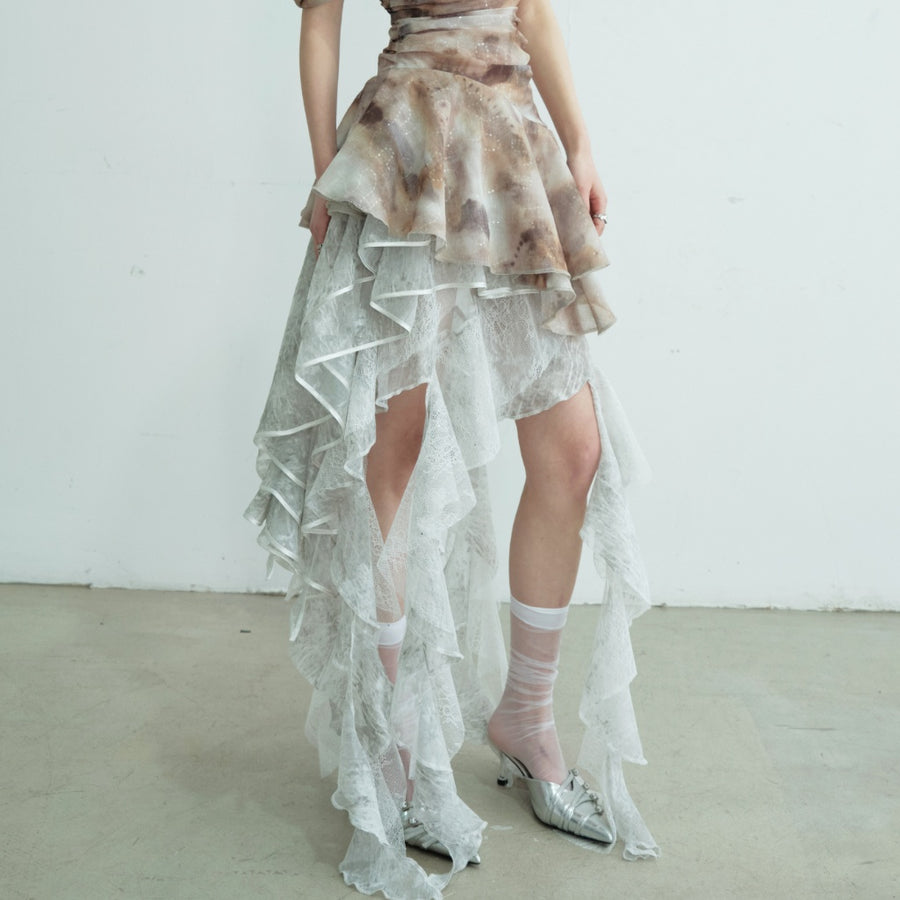 Sheer Lace Asymmetrical Ruffled Strapless Skirt