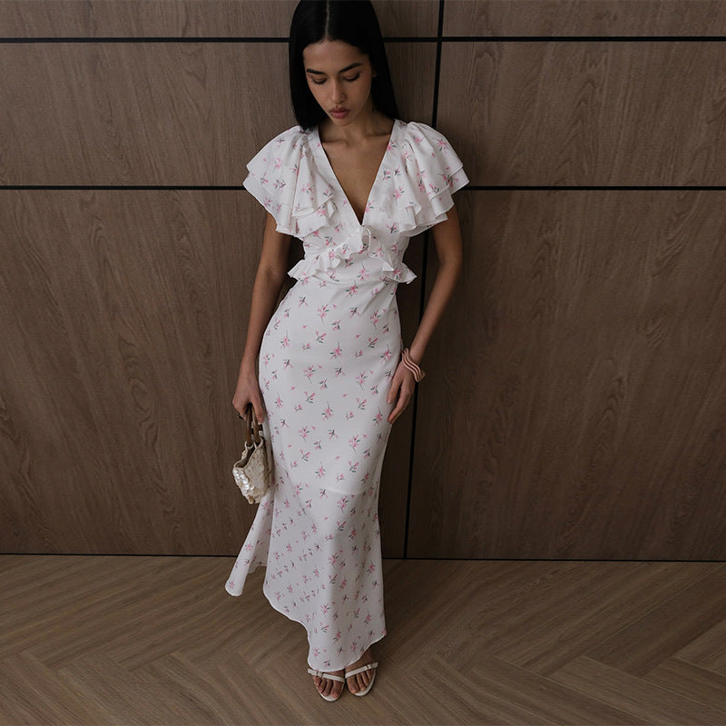 Botanical V-Neck Maxi Dress with Short Sleeves in White